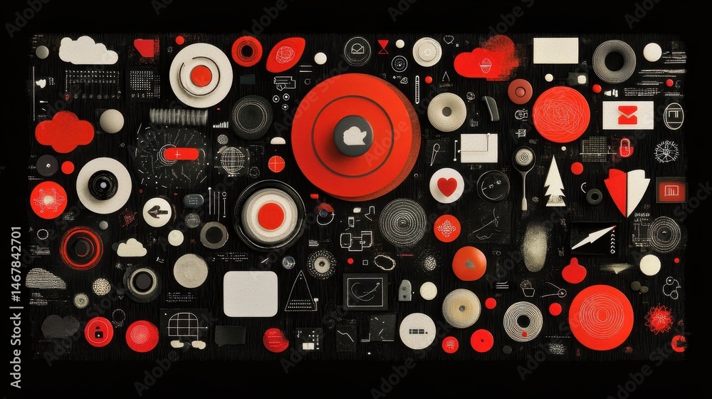 Fototapeta premium Retro Geometric Pattern Illustration with Red and White Shapes on Black Background Seamless Abstract Backdrop for Modern Design Projects