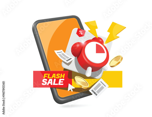 Flash icon or lightning strikes on the red alarm clock to notify the promotion period. Flash Sale Limited Time Promotion, vector 3d illustration isolated for online shopping advertising design
