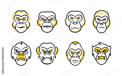 Set of gorilla face on white background, vector, illustration