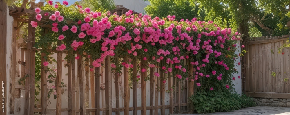 Naklejka premium Abundant pink blooms tumble down weathered wooden trellis in sunny courtyard , vibrant, floral arrangement, cascade