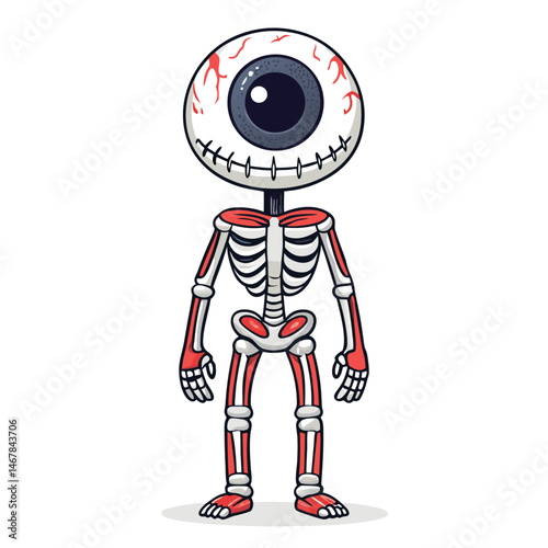 A detailed rendering of a skeletal figure with a colossal, levitating eye replacing its head, set against a stark, dark background.
