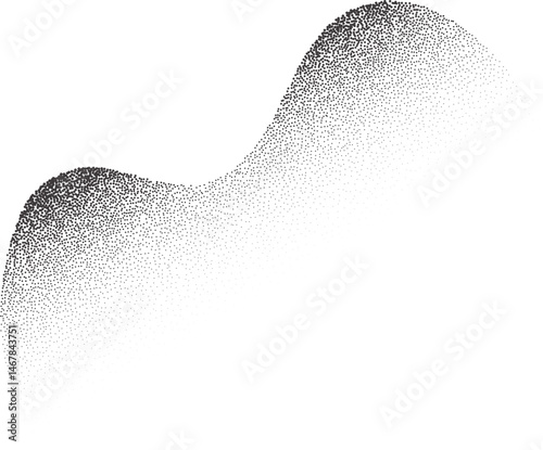 Abstract wavy shape with grainy dotted shadow. Stipple fluid blob with fluid sandy gradient. Grunge halftone liquid element