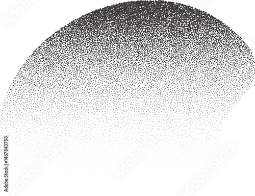 Grainy dotted abstract shape. Noisy gradient with black stipple shadow. Liquid figure with dotted fade. Dusty spot with diffuse texture. Monochrome fluid effect