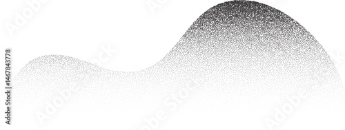 Grainy dotted abstract shape. Noisy gradient with black stipple shadow. Liquid figure with dotted fade. Dusty spot with diffuse texture. Monochrome fluid effect