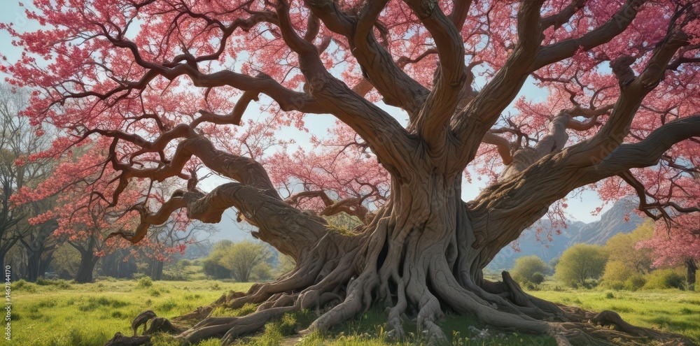 Fototapeta premium Ancient gnarled tree, vibrant spring blossoms, lush vines , garden, outdoors