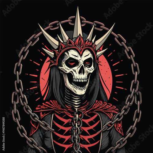 A gothic illustration of a skeletal female devil, adorned with a spiked crown, surrounded by swirling smoke and flames.
