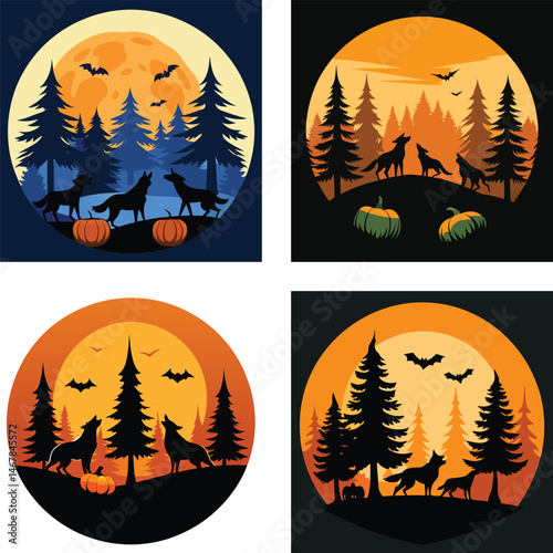 Halloween Night Forest Scene With Howling Wolves Pumpkins And Bats