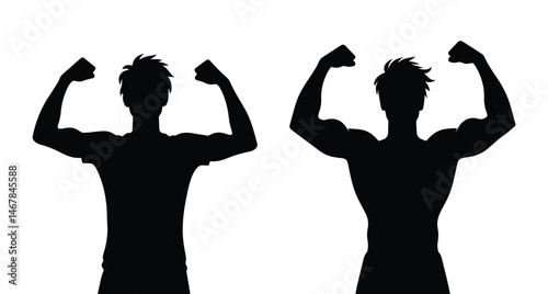 male silhouette, guy bodybuilder, human figure set, muscles before and after comparison