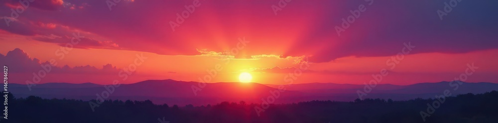 Fototapeta premium Fiery orange and purple hues paint the sky as the sun dips below the horizon , gradation, cloud formations, horizon