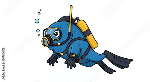 Cartoon fish diving underwater with scuba gear