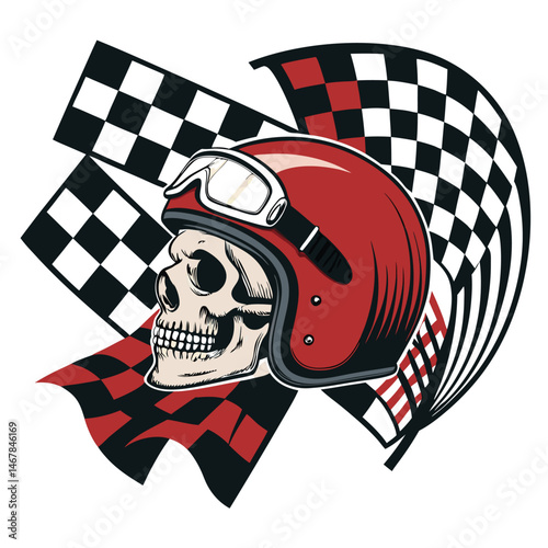 A human skull, meticulously detailed, wearing a vintage racing helmet with a classic checkered flag design, set against a dark background.