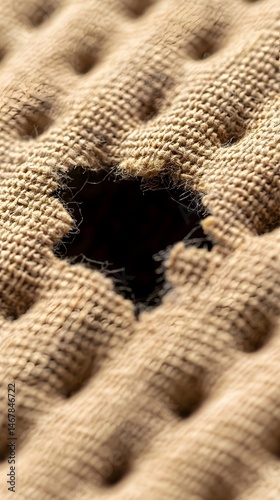 Closeup of Ripped Beige Fabric with Exposed Threads