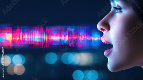 Digital sound wave visualization with woman speaking, showcasing voice communication and intonation in vibrant, modern style