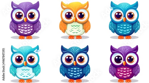 Wallpaper Mural Vibrant collection of six whimsical colorful owl illustrations on white background Torontodigital.ca