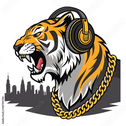 A ferocious Bengal tiger, wearing gold chains and headphones, snarls intensely.  The setting is ambiguous, possibly urban or jungle.