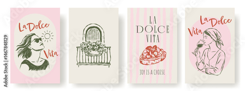 Set of elegant Italian-inspired posters with hand-drawn women, balcony, bruschetta, and wine. Minimal line art in pastel tones captures Mediterranean charm, perfect for decor, print, or packaging use