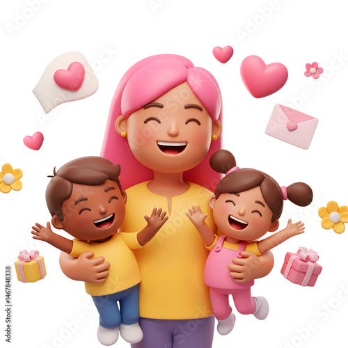 3d rendering mother hugging her children cartoon characters surrounded by flowers and hearts isolated on transparent background, PNG file add