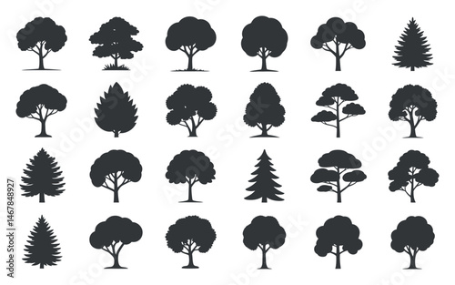 Collection of Twenty Four Different Tree Silhouettes Black and White Vector Illustrations