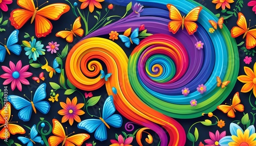 Digital decorative vine and flower pattern in whimsical style, soft diffused lighting with multicolor gradients, clear background, 8K