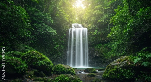 Waterfall cascading down rocks surrounded by lush green forest with bright sunlight.