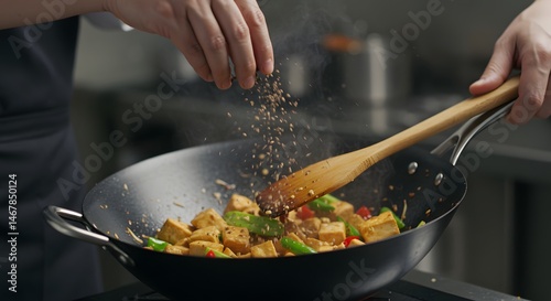 Chef seasoning tofu stir fry in wok with wooden spatula in kitchen environment close up