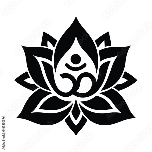 Black and white lotus flower with om symbol vector illustration perfect for spiritual meditation and wellness designs