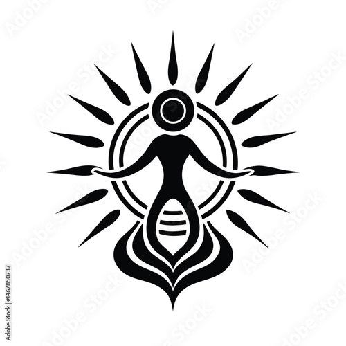 Symbolic black and white illustration of a figure with outstretched arms within a radiating sun design.