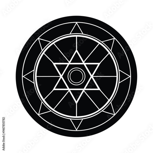 Black and white alchemical circle design with a complex geometric pattern representing occult symbolism for illustrative purposes.