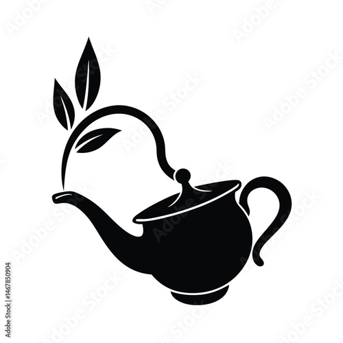 Elegant black and white teapot design with tea leaves for tea time drinks and relaxation concept