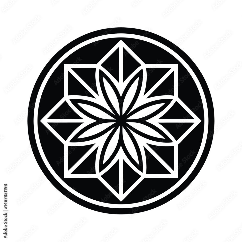 Fototapeta premium Abstract black and white geometric flower design enclosed in a circular frame perfect for decorative purposes