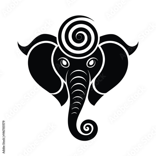 Elegant black and white elephant head with swirls decorative vector illustration for design and symbolism