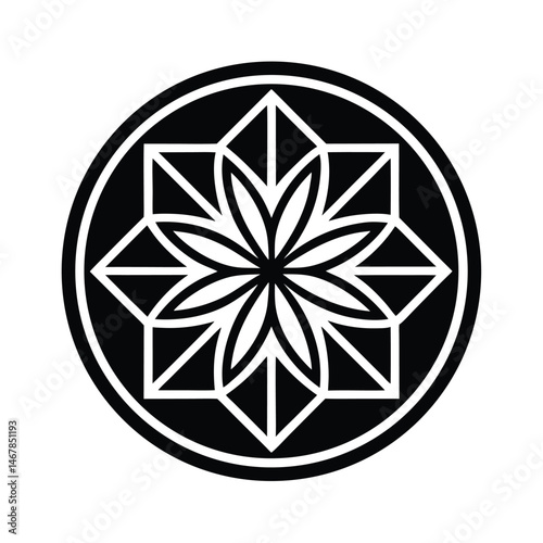 Abstract black and white geometric flower design enclosed in a circular frame perfect for decorative purposes