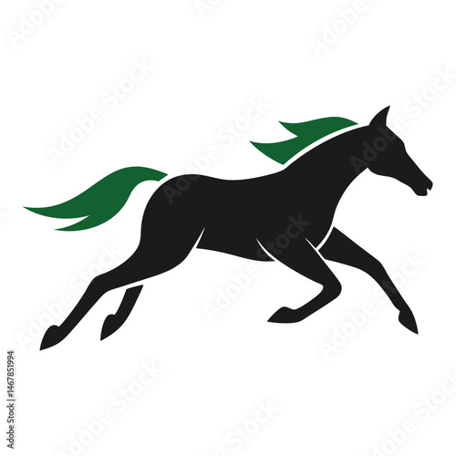 Elegant Running Horse Silhouette Green Mane and Tail Vector Illustration