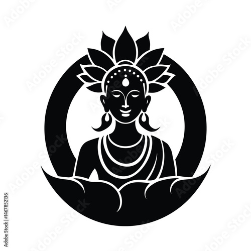 Minimalist black and white illustration of a serene buddha figure seated in a lotus blossom with halo