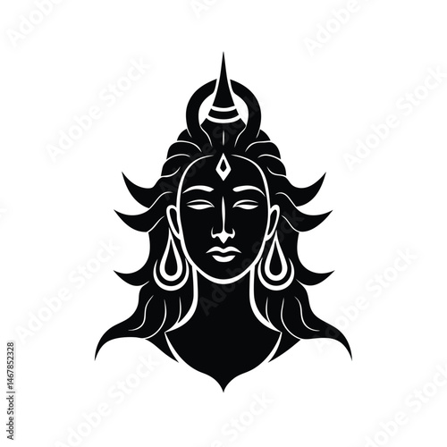 Black and white illustration of the hindu god shiva with closed eyes and detailed hair adornments