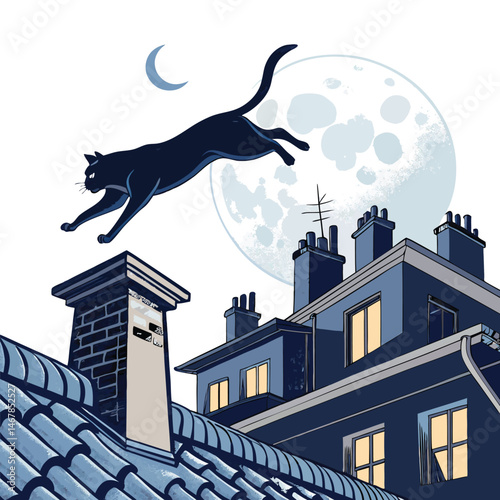 A sleek black cat, a blur of motion, silently leaps across moonlit city rooftops, its silhouette stark against the night sky.