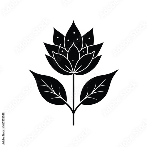 Elegant black and white floral illustration depicting a stylized lotus flower and accompanying leaves on a white background
