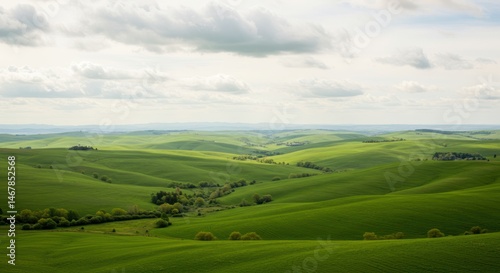 Rolling green hills under a cloudy sky create a peaceful landscape scene. photo