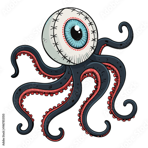 A detailed digital painting of a stitched eyeball sewn onto writhing black and red tentacles, dripping with viscous fluids.  High detail, dark fantasy art.