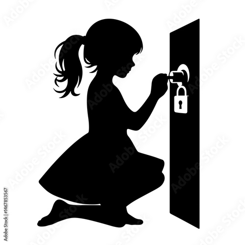 Girl kneeling unlocking lock on door