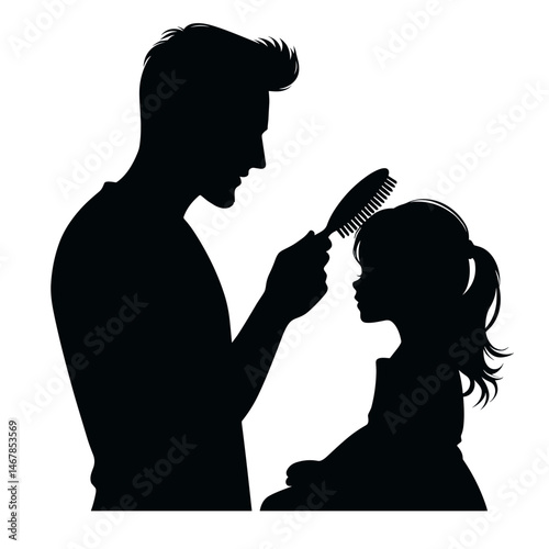 Father brushing daughter's hair against white background