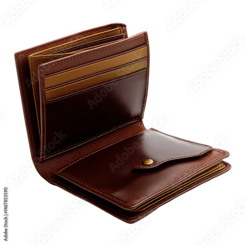 An open, brown leather wallet revealing various compartments and pockets, showcasing its interior structure