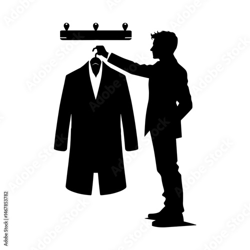 Man inspecting coat against plain background