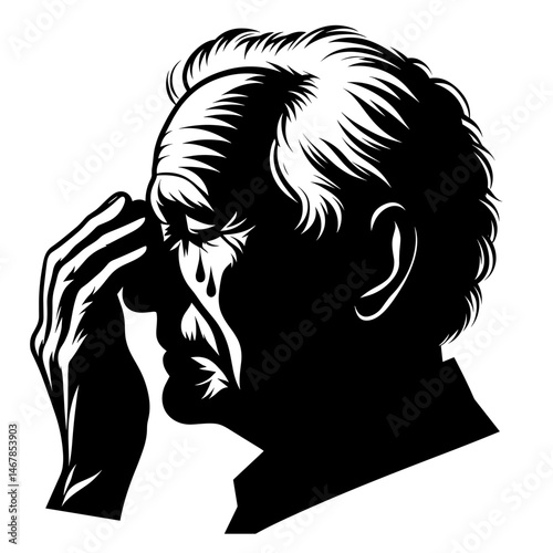 Man with hand on face looking thoughtful against white background