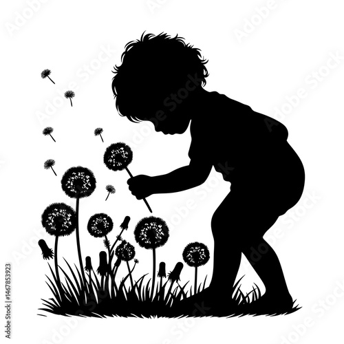 Silhouette child blowing dandelion seeds grassy field