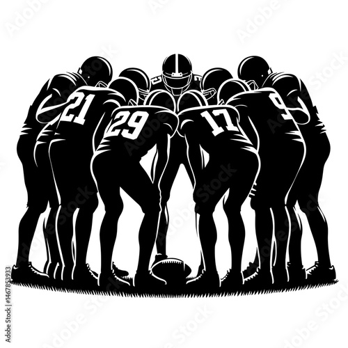 Football players huddling on grass field