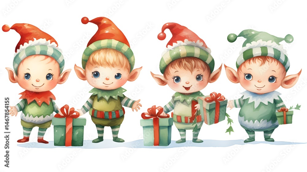 Set of Christmas elf characters in various poses on a white background for festive holiday designs Set of Christmas elf characters in various poses on a white background for festive holiday designs