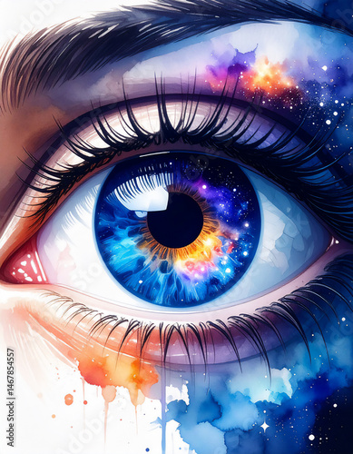  A close-up of an eye with a galaxy reflected in it, the iris painted with layered watercolor textures that blend reality and cosmos