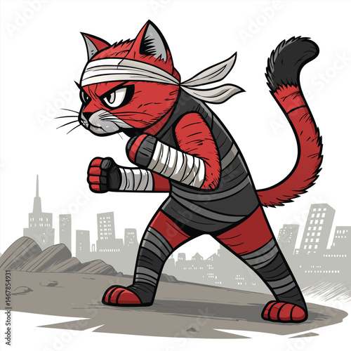A fierce, street-fighting cat, sporting bandages and boxing-style knuckle wraps, ready for a brawl.  Show detailed textures and gritty urban background.