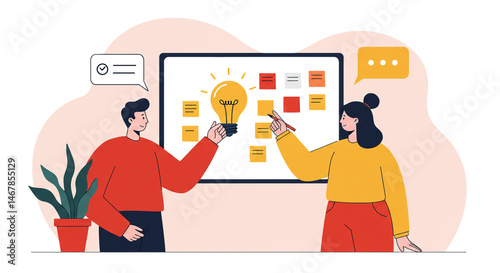 Brainstorming Session with Sticky Notes, Light Bulb Idea, and Discussion

